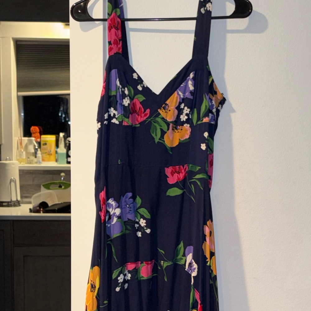 Anthropologie Maeve Navy Maxi Dress with Vibrant Floral Design
